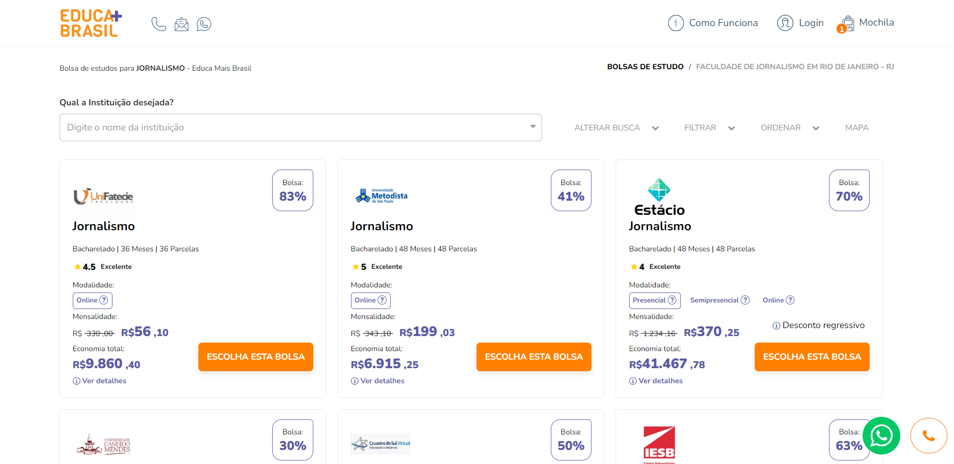 Oções de universidades oferecem o curso escolhido.